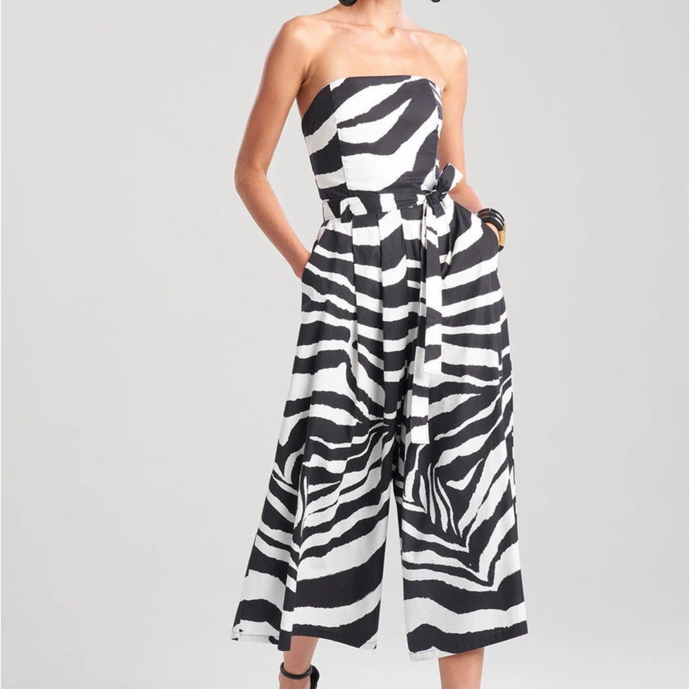 Natori Zebra Cotton Poplin Bustier Belted Palazzo Jumpsuit